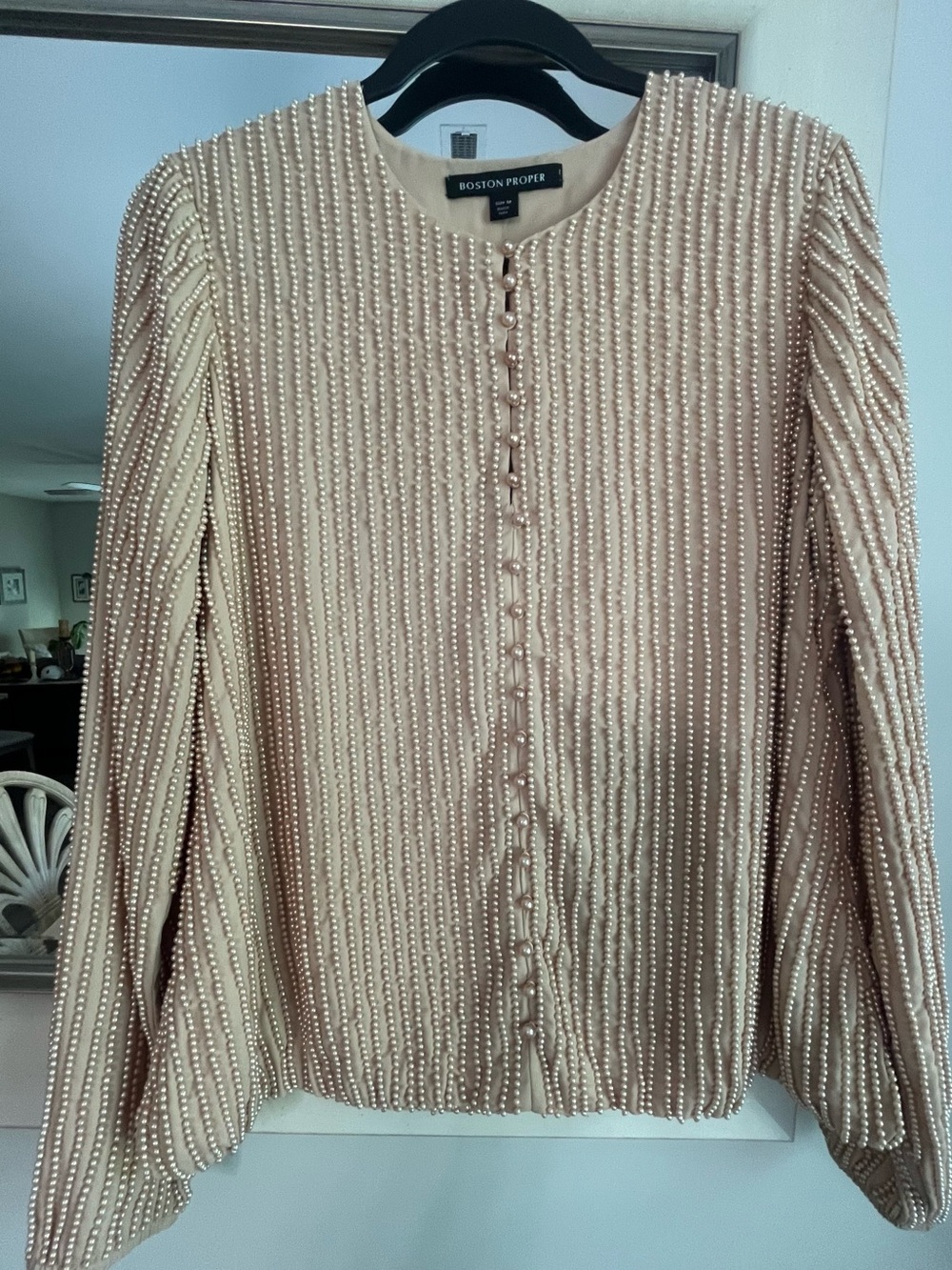 Boston Proper Heavy Pearl Embellished Blouson Henley Blouse New Size Medium